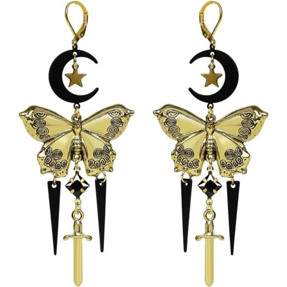 Gold Crescent Moon‎ Butterfly Witchy Earrings Gothic Occult Boho Dangle Earrings